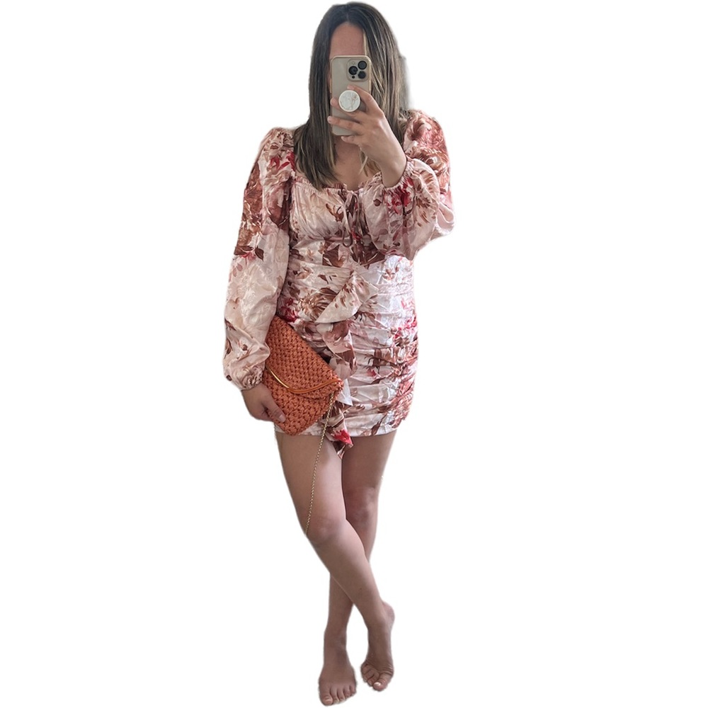 A.Peach Mini Floral Dress Puff Sleeve Night Out Wedding Guest Homecoming Size M